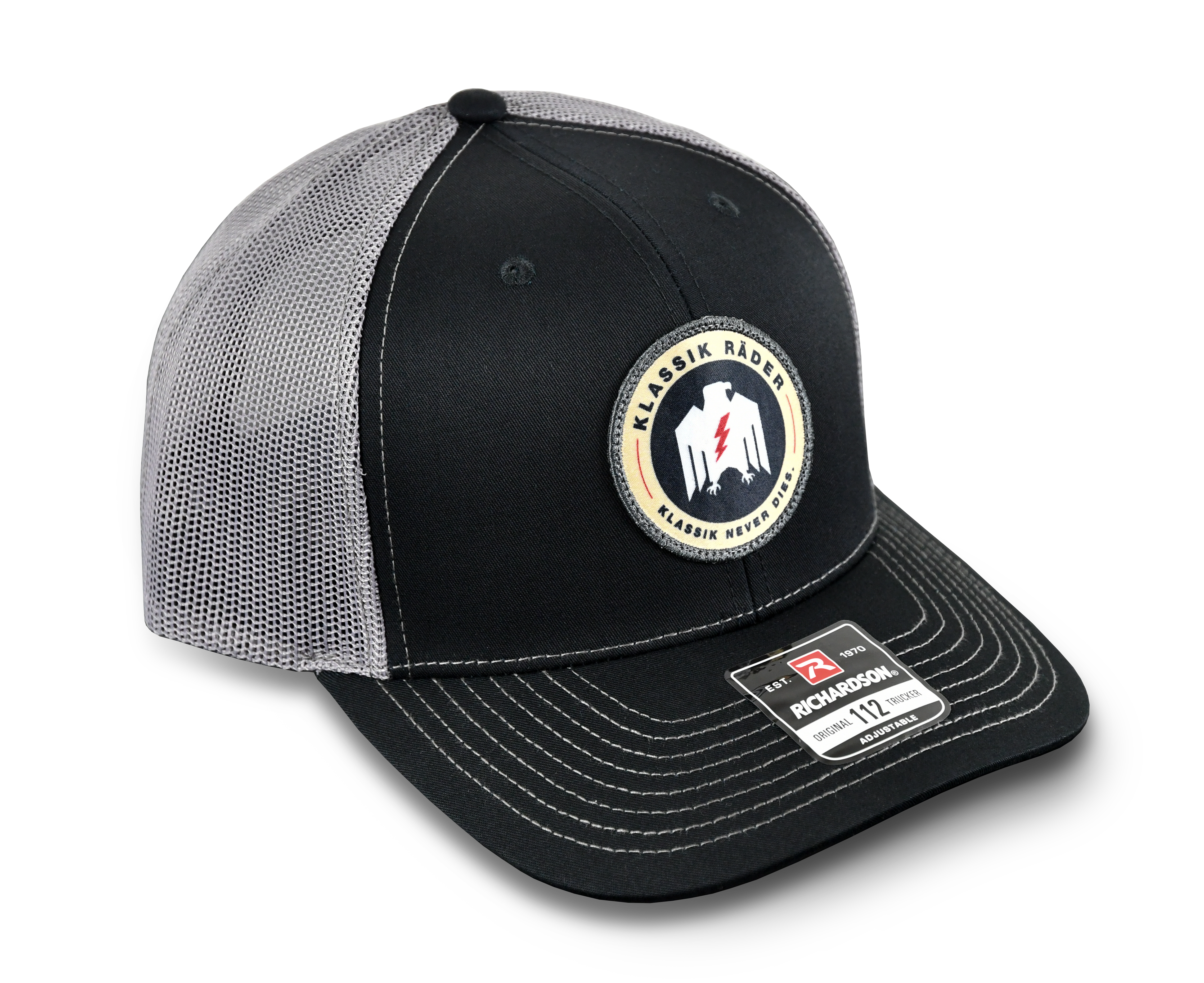 Klassik Rader Wheels Official Richardson 112 Snap Back Trucker Style Hat in Gray & Black