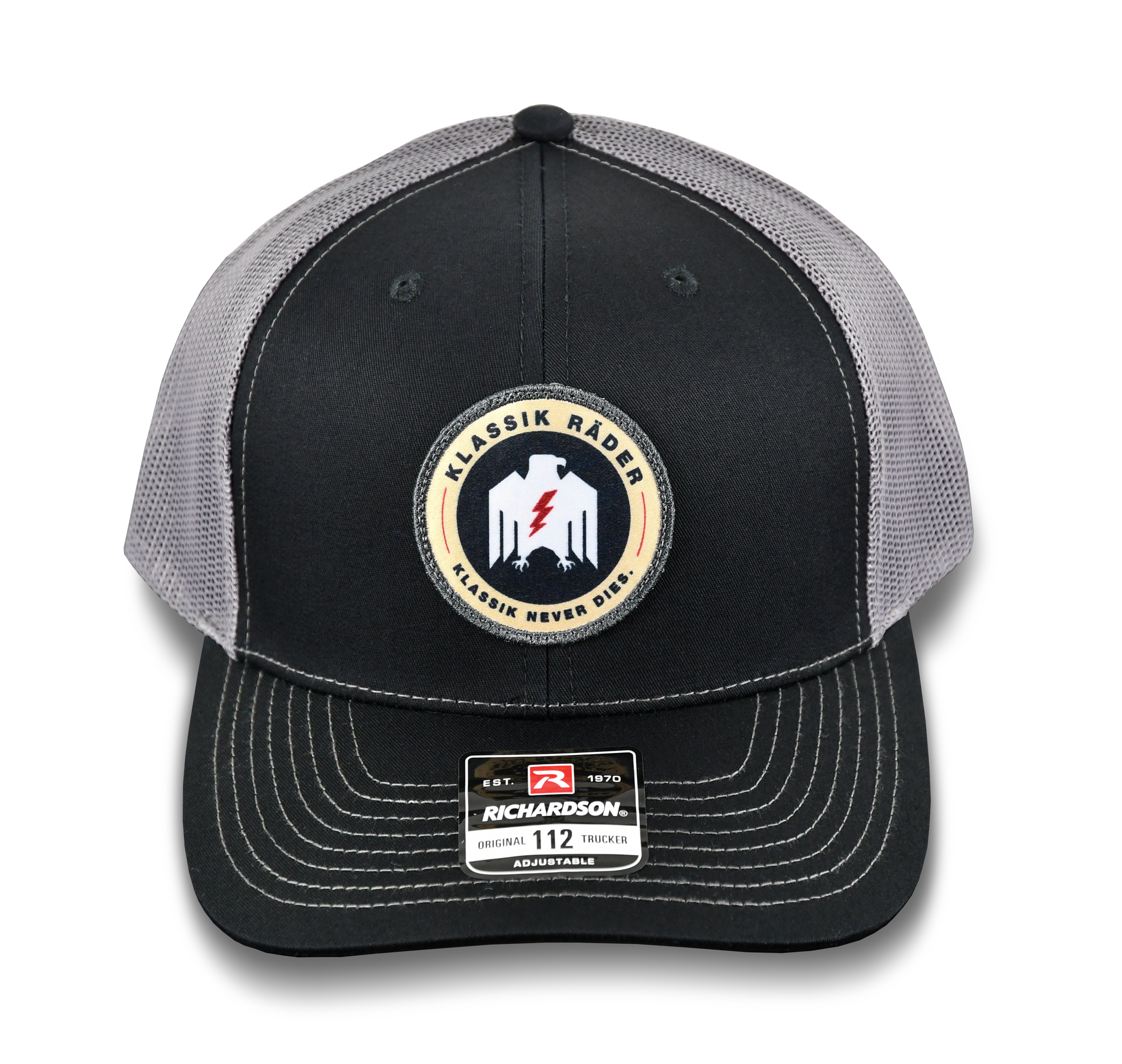 Klassik Rader Wheels Official Richardson 112 Snap Back Trucker Style Hat in Gray & Black