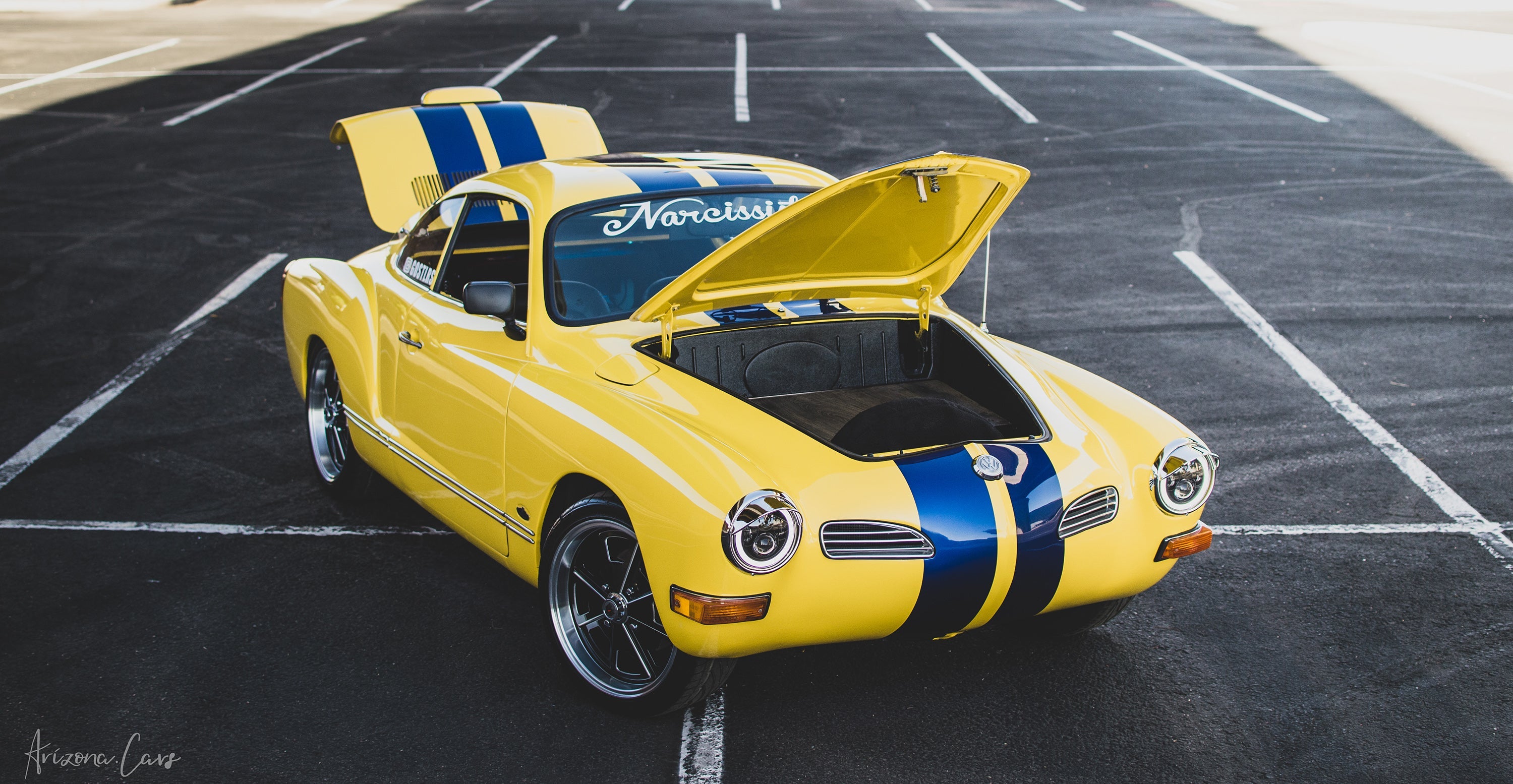 VW Karmann Ghia Yellow with 17x7.0 Klassik Rader model 914 wheels Gloss Black with Milled Edges Baby Fuch Style Replica Wheel Rims