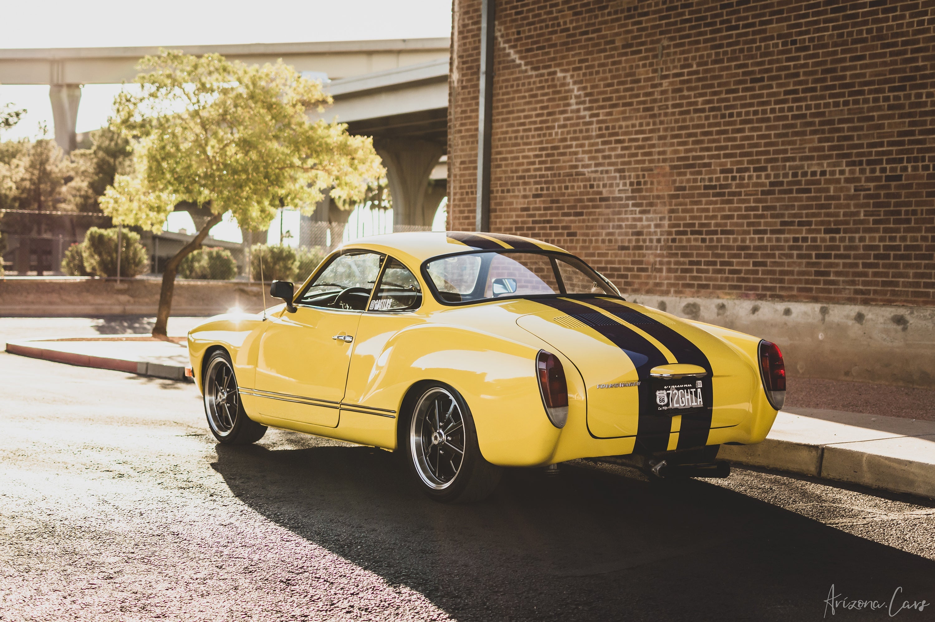 VW Karmann Ghia Yellow with 17x7.0 Klassik Rader model 914 wheels Gloss Black with Milled Edges Baby Fuch Style Replica Wheel Rims