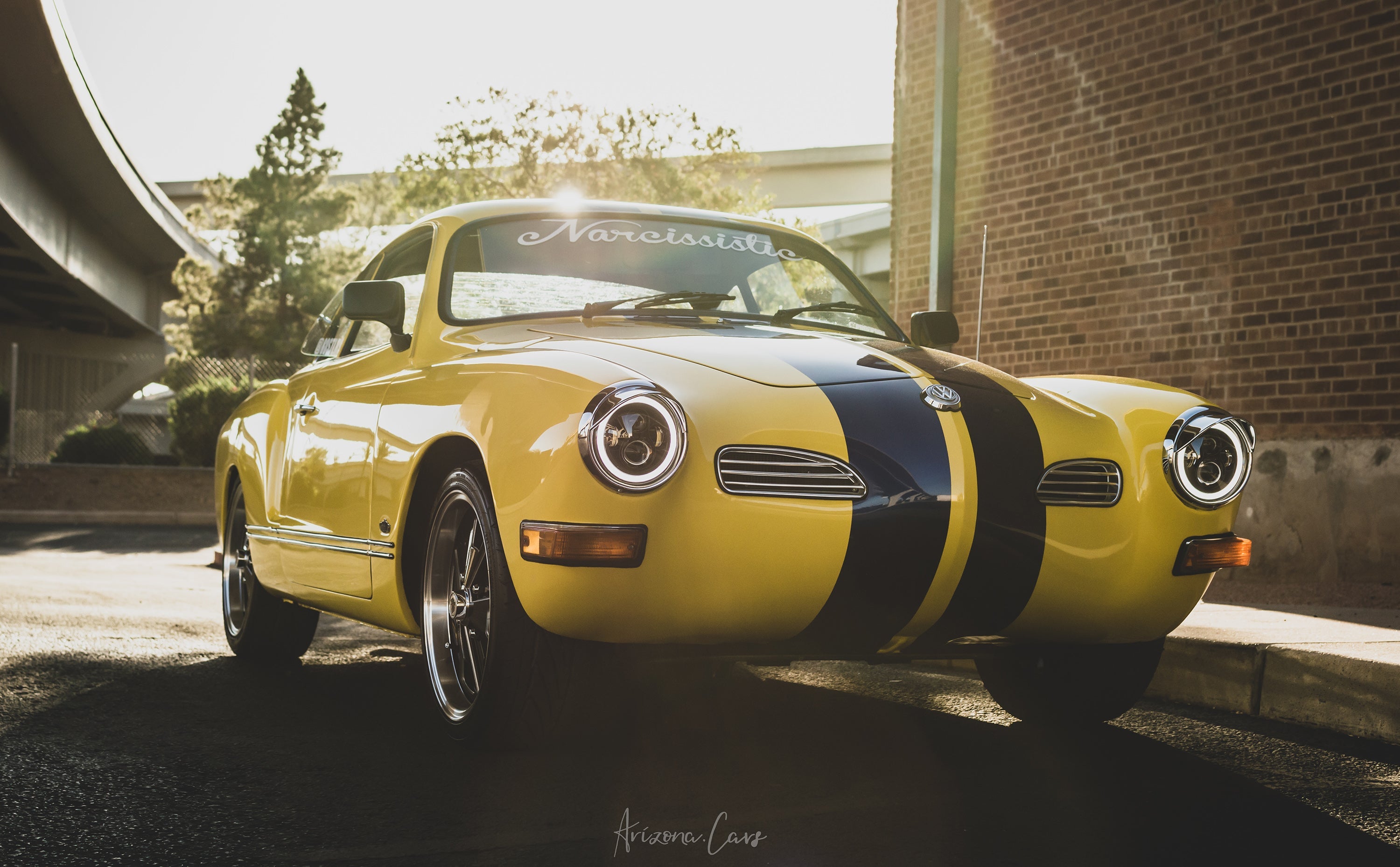 VW Karmann Ghia Yellow with 17x7.0 Klassik Rader model 914 wheels Gloss Black with Milled Edges Baby Fuch Style Replica Wheel Rims