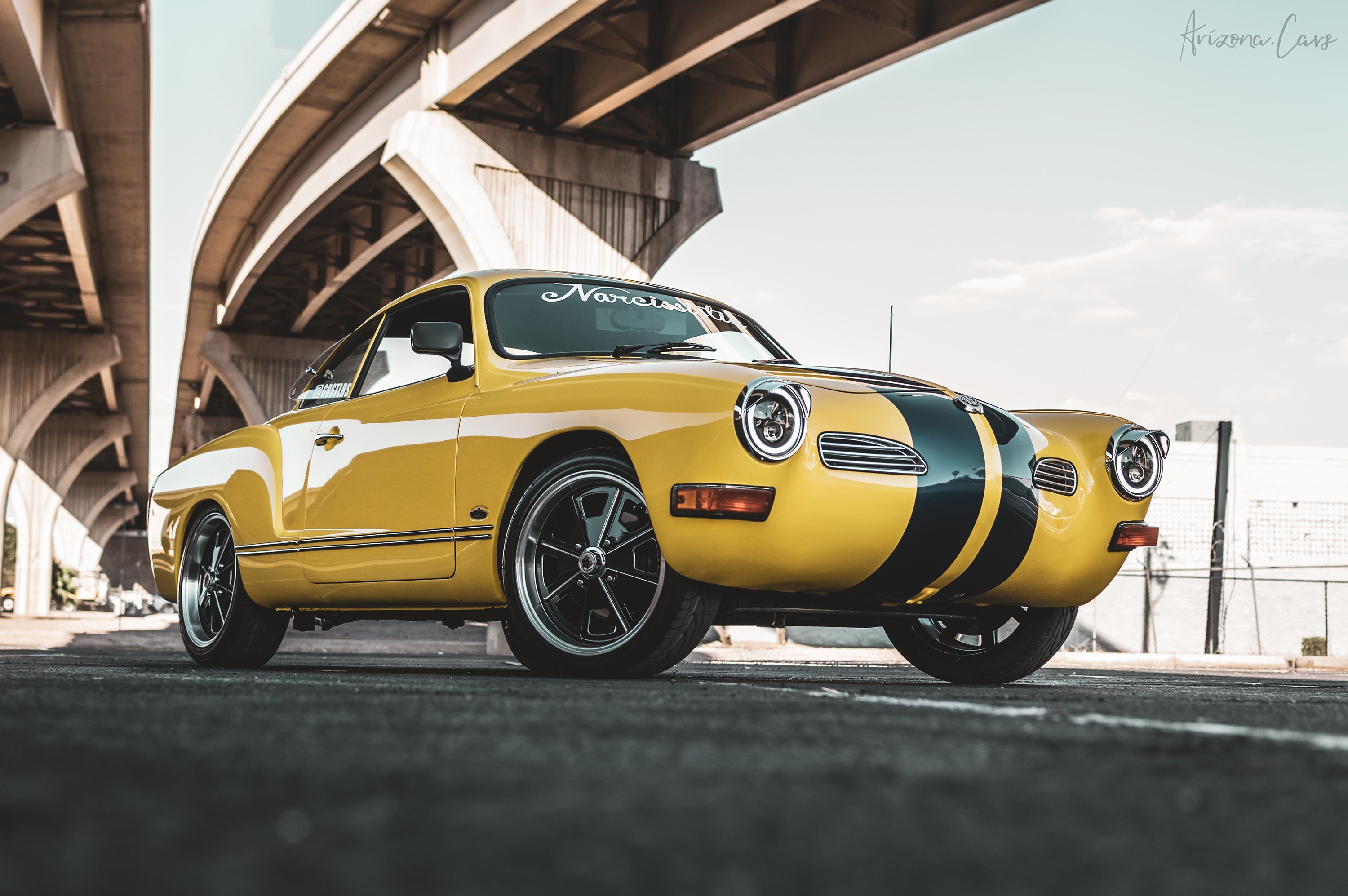 VW Karmann Ghia Yellow with 17x7.0 Klassik Rader model 914 wheels Gloss Black with Milled Edges Baby Fuch Style Replica Wheel Rims