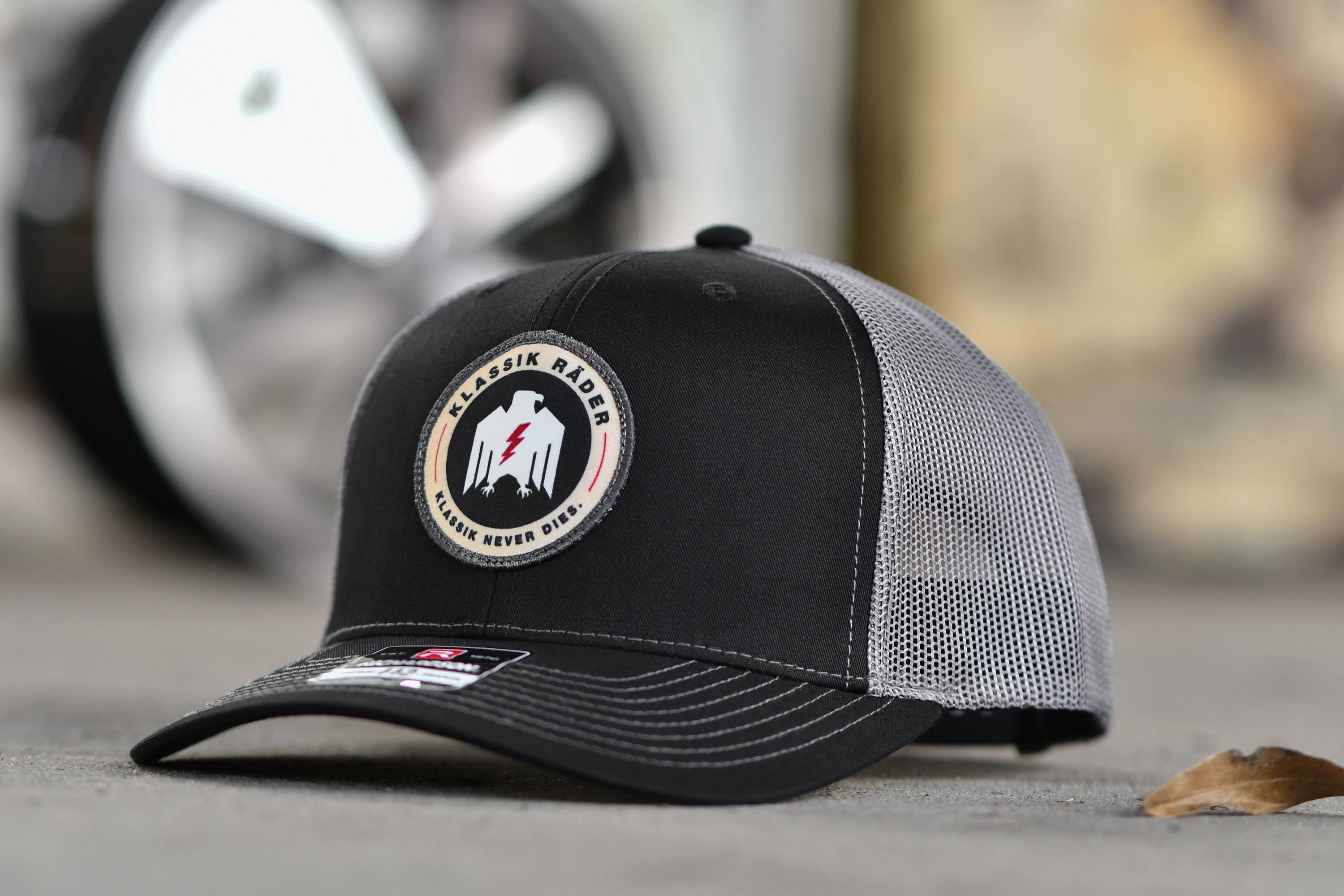 Klassik Rader Wheels Official Richardson 112 Snap Back Trucker Style Hat in Gray & Black