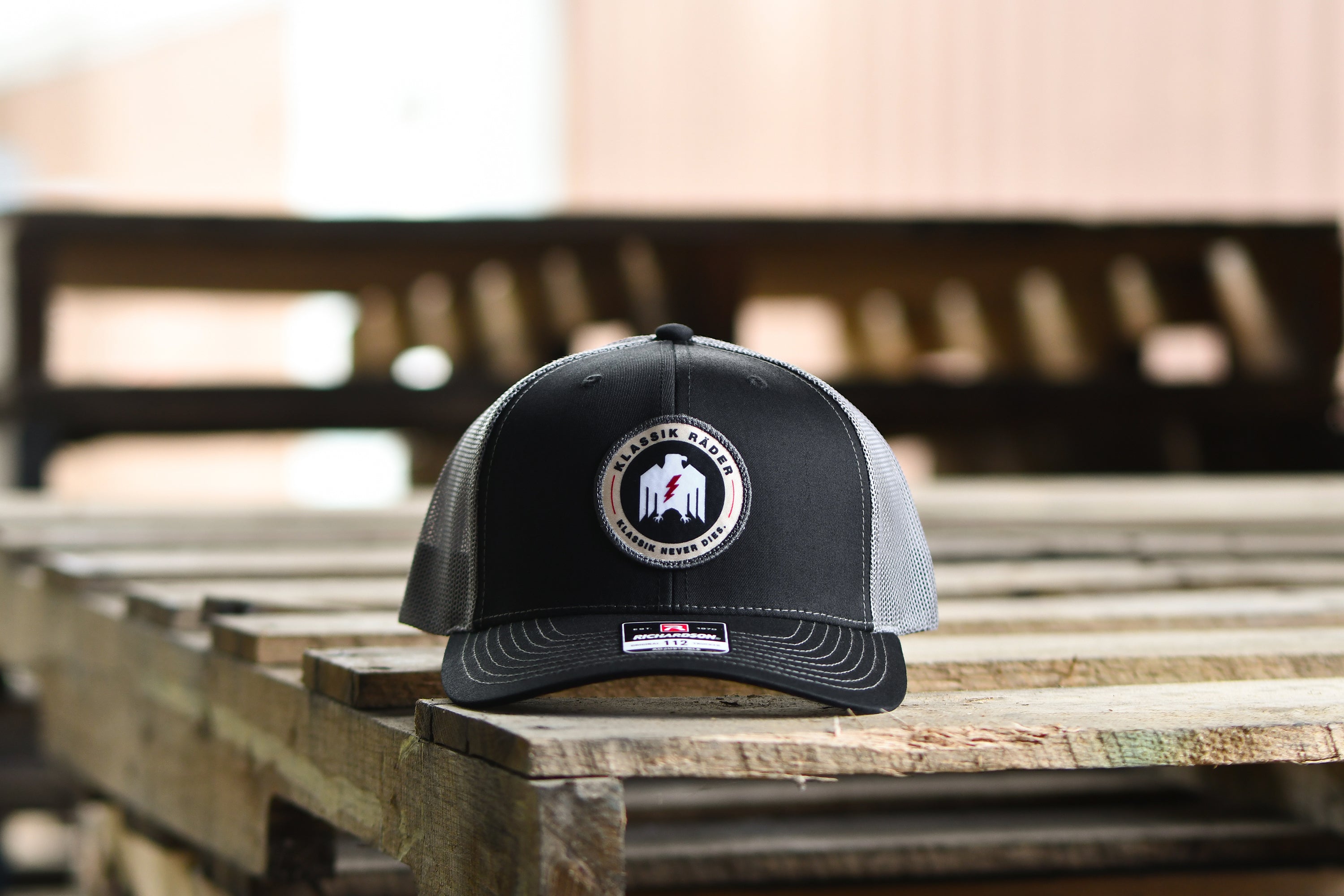 Klassik Rader Wheels Official Richardson 112 Snap Back Trucker Style Hat in Gray & Black